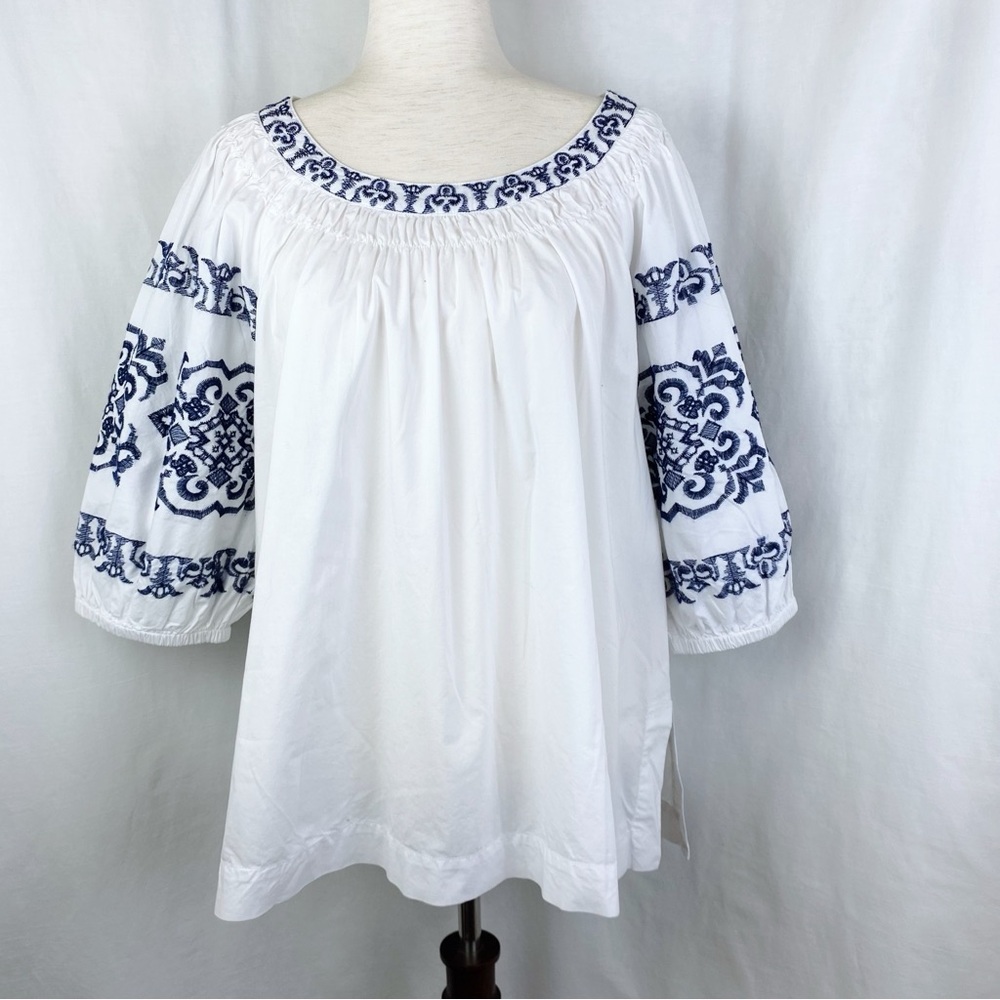 Tommy Hilfiger White and Blue Embroidered Puff Sleeve Blouse
